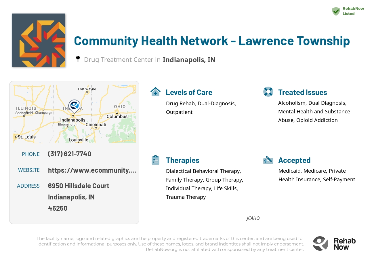Helpful reference information for Community Health Network - Lawrence Township, a drug treatment center in Indiana located at: 6950 Hillsdale Court, Indianapolis, IN, 46250, including phone numbers, official website, and more. Listed briefly is an overview of Levels of Care, Therapies Offered, Issues Treated, and accepted forms of Payment Methods.