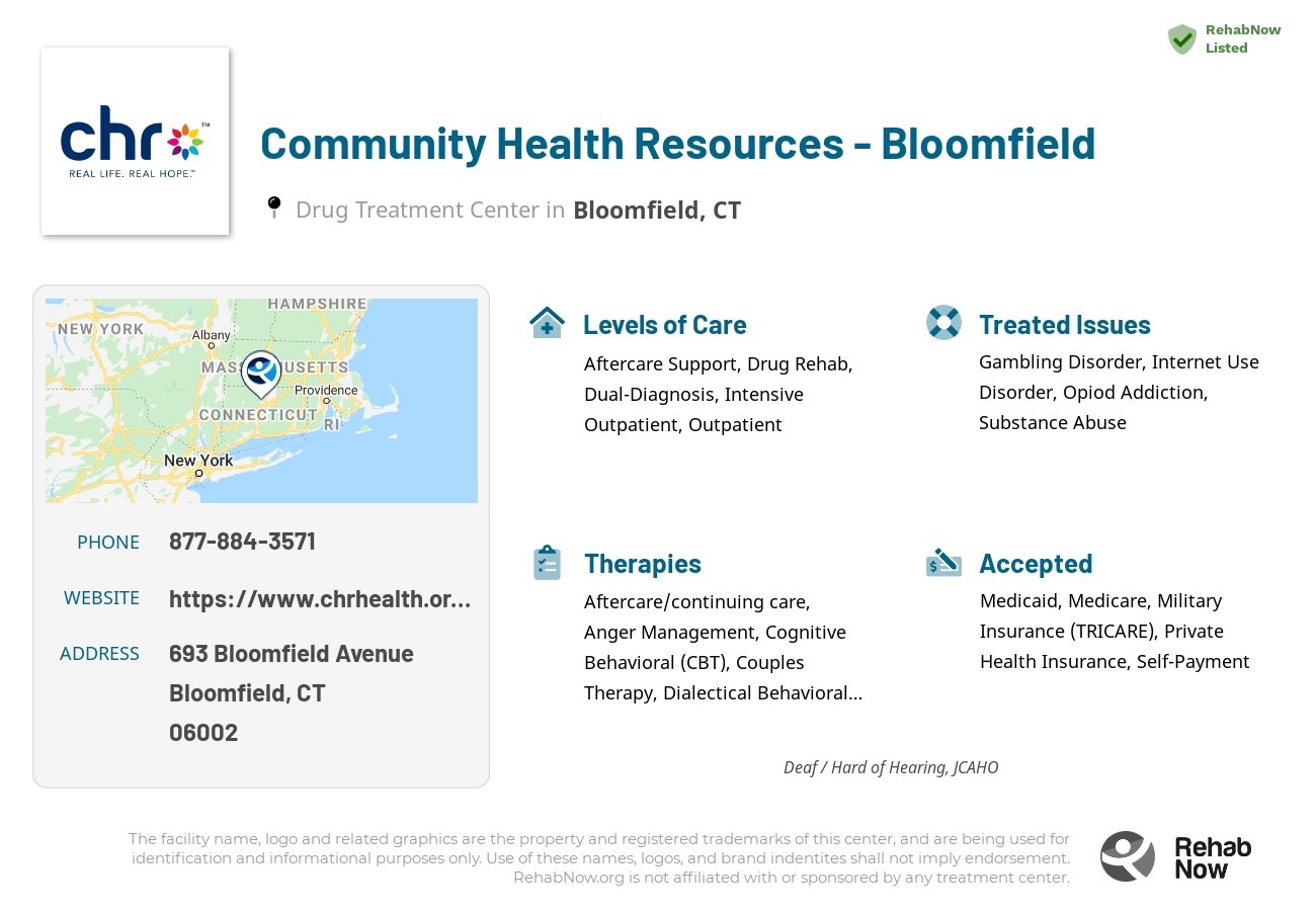 Helpful reference information for Community Health Resources - Bloomfield, a drug treatment center in Connecticut located at: 693 Bloomfield Avenue, Bloomfield, CT 06002, including phone numbers, official website, and more. Listed briefly is an overview of Levels of Care, Therapies Offered, Issues Treated, and accepted forms of Payment Methods.