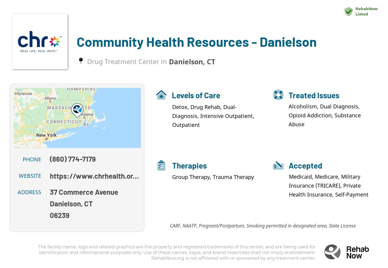 Helpful reference information for Community Health Resources - Danielson, a drug treatment center in Connecticut located at: 37 Commerce Avenue, Danielson, CT, 06239, including phone numbers, official website, and more. Listed briefly is an overview of Levels of Care, Therapies Offered, Issues Treated, and accepted forms of Payment Methods.