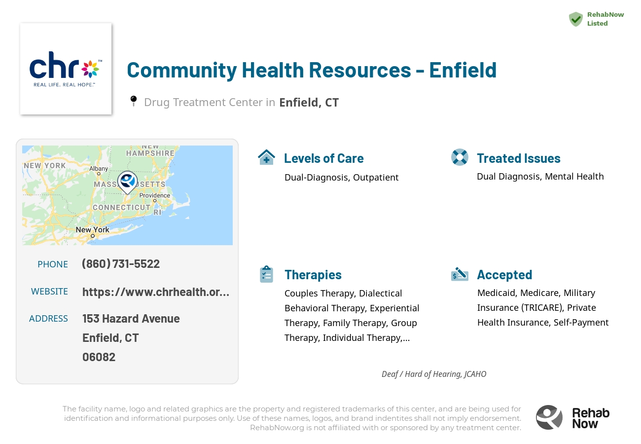 Helpful reference information for Community Health Resources - Enfield, a drug treatment center in Connecticut located at: 153 Hazard Avenue, Enfield, CT 06082, including phone numbers, official website, and more. Listed briefly is an overview of Levels of Care, Therapies Offered, Issues Treated, and accepted forms of Payment Methods.