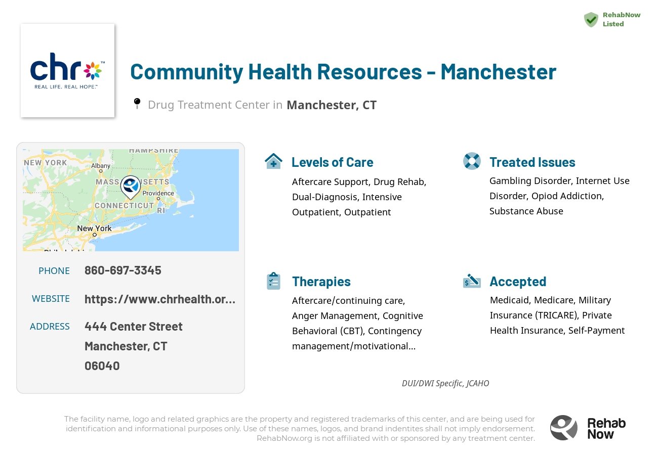 Helpful reference information for Community Health Resources - Manchester, a drug treatment center in Connecticut located at: 444 Center Street, Manchester, CT 06040, including phone numbers, official website, and more. Listed briefly is an overview of Levels of Care, Therapies Offered, Issues Treated, and accepted forms of Payment Methods.