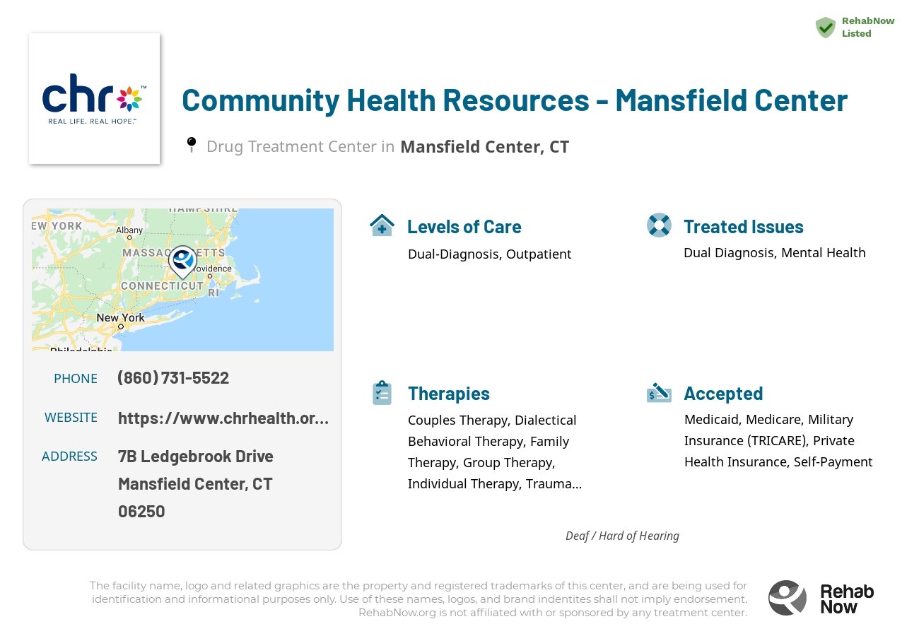 Helpful reference information for Community Health Resources - Mansfield Center, a drug treatment center in Connecticut located at: 7B Ledgebrook Drive, Mansfield Center, CT, 06250, including phone numbers, official website, and more. Listed briefly is an overview of Levels of Care, Therapies Offered, Issues Treated, and accepted forms of Payment Methods.