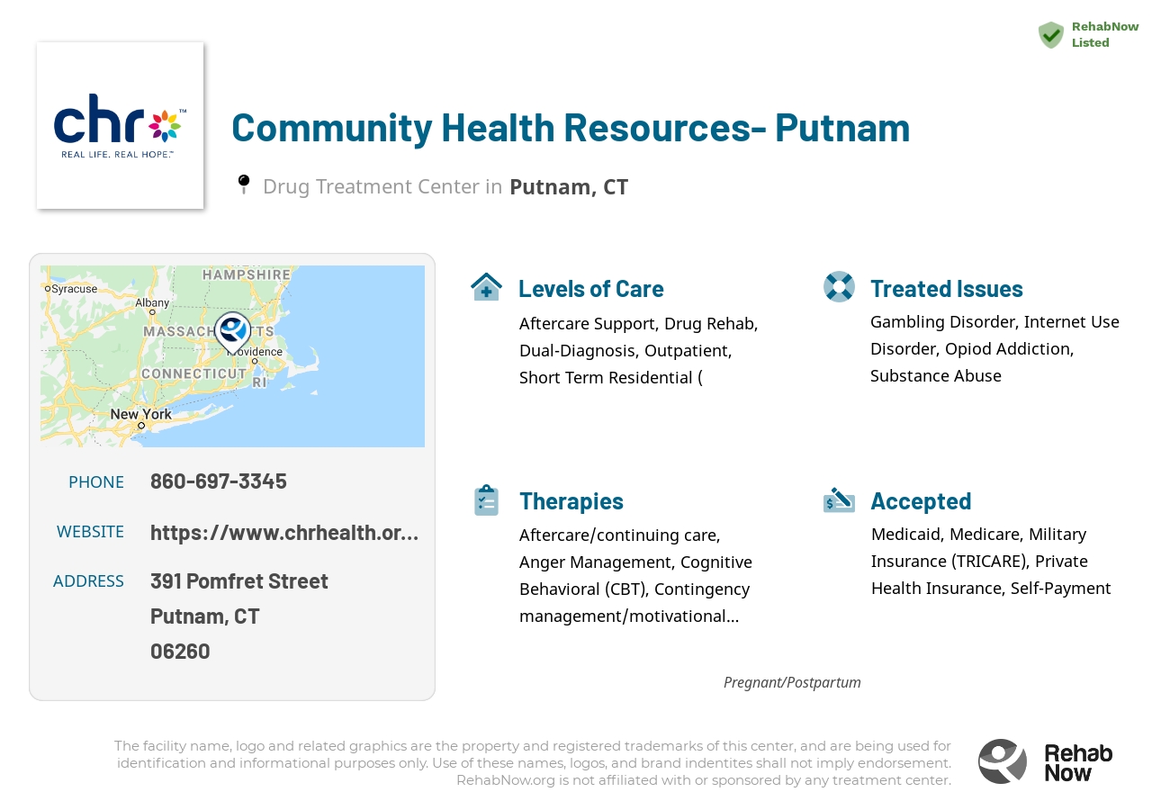 Helpful reference information for Community Health Resources- Putnam, a drug treatment center in Connecticut located at: 391 Pomfret Street, Putnam, CT 06260, including phone numbers, official website, and more. Listed briefly is an overview of Levels of Care, Therapies Offered, Issues Treated, and accepted forms of Payment Methods.