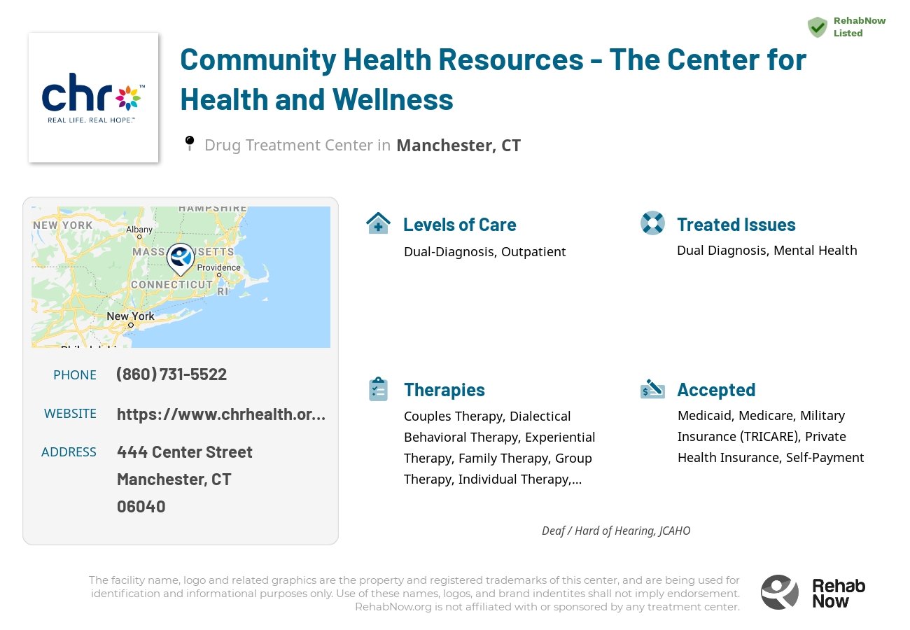 Helpful reference information for Community Health Resources - The Center for Health and Wellness, a drug treatment center in Connecticut located at: 444 Center Street, Manchester, CT, 06040, including phone numbers, official website, and more. Listed briefly is an overview of Levels of Care, Therapies Offered, Issues Treated, and accepted forms of Payment Methods.