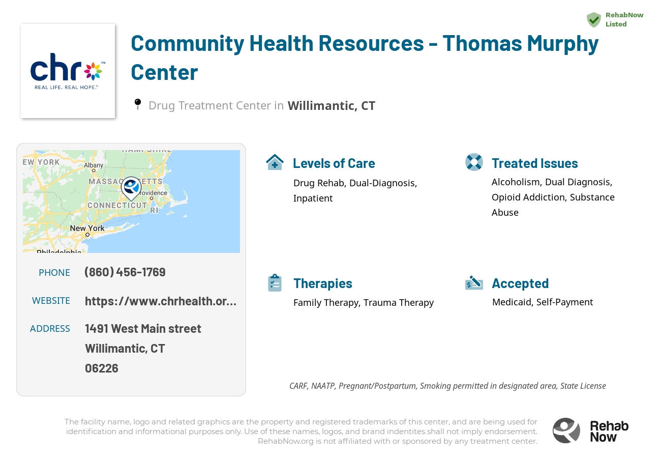 Helpful reference information for Community Health Resources - Thomas Murphy Center, a drug treatment center in Connecticut located at: 1491 West Main street, Willimantic, CT, 06226, including phone numbers, official website, and more. Listed briefly is an overview of Levels of Care, Therapies Offered, Issues Treated, and accepted forms of Payment Methods.