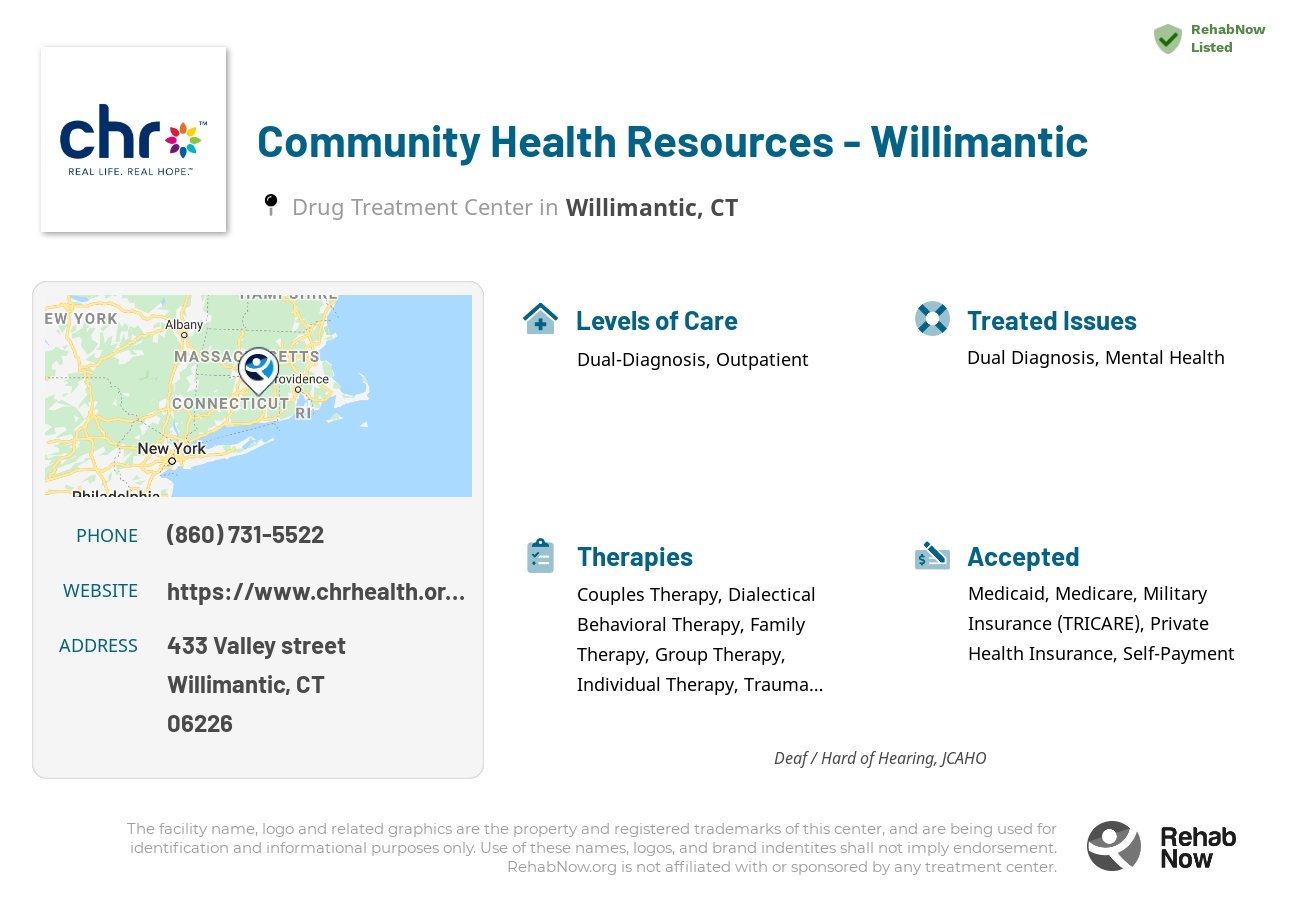 Helpful reference information for Community Health Resources - Willimantic, a drug treatment center in Connecticut located at: 433 Valley street, Willimantic, CT, 06226, including phone numbers, official website, and more. Listed briefly is an overview of Levels of Care, Therapies Offered, Issues Treated, and accepted forms of Payment Methods.