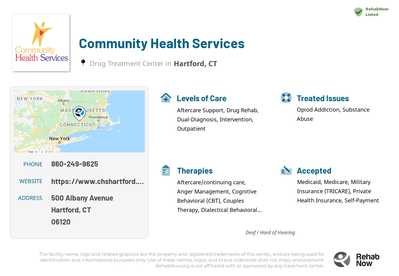 Helpful reference information for Community Health Services, a drug treatment center in Connecticut located at: 500 Albany Avenue, Hartford, CT 06120, including phone numbers, official website, and more. Listed briefly is an overview of Levels of Care, Therapies Offered, Issues Treated, and accepted forms of Payment Methods.