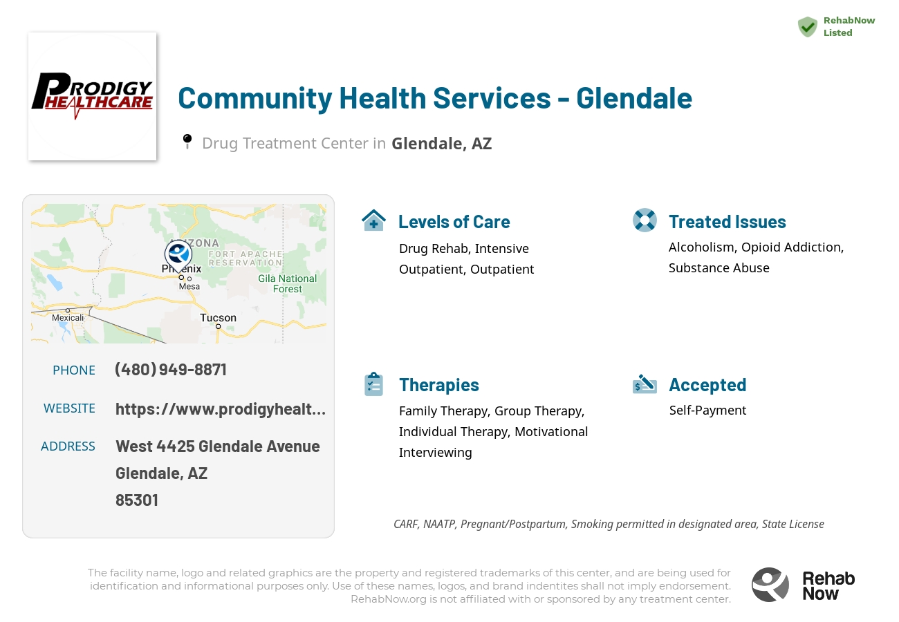 Helpful reference information for Community Health Services - Glendale, a drug treatment center in Arizona located at: West 4425 Glendale Avenue, Glendale, AZ 85301, including phone numbers, official website, and more. Listed briefly is an overview of Levels of Care, Therapies Offered, Issues Treated, and accepted forms of Payment Methods.