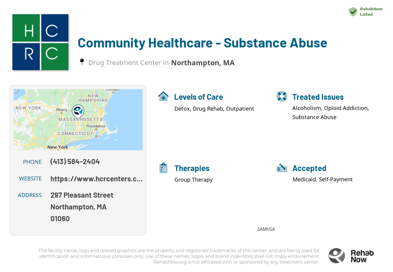 Helpful reference information for Community Healthcare - Substance Abuse, a drug treatment center in Massachusetts located at: 297 Pleasant Street, Northampton, MA, 01060, including phone numbers, official website, and more. Listed briefly is an overview of Levels of Care, Therapies Offered, Issues Treated, and accepted forms of Payment Methods.