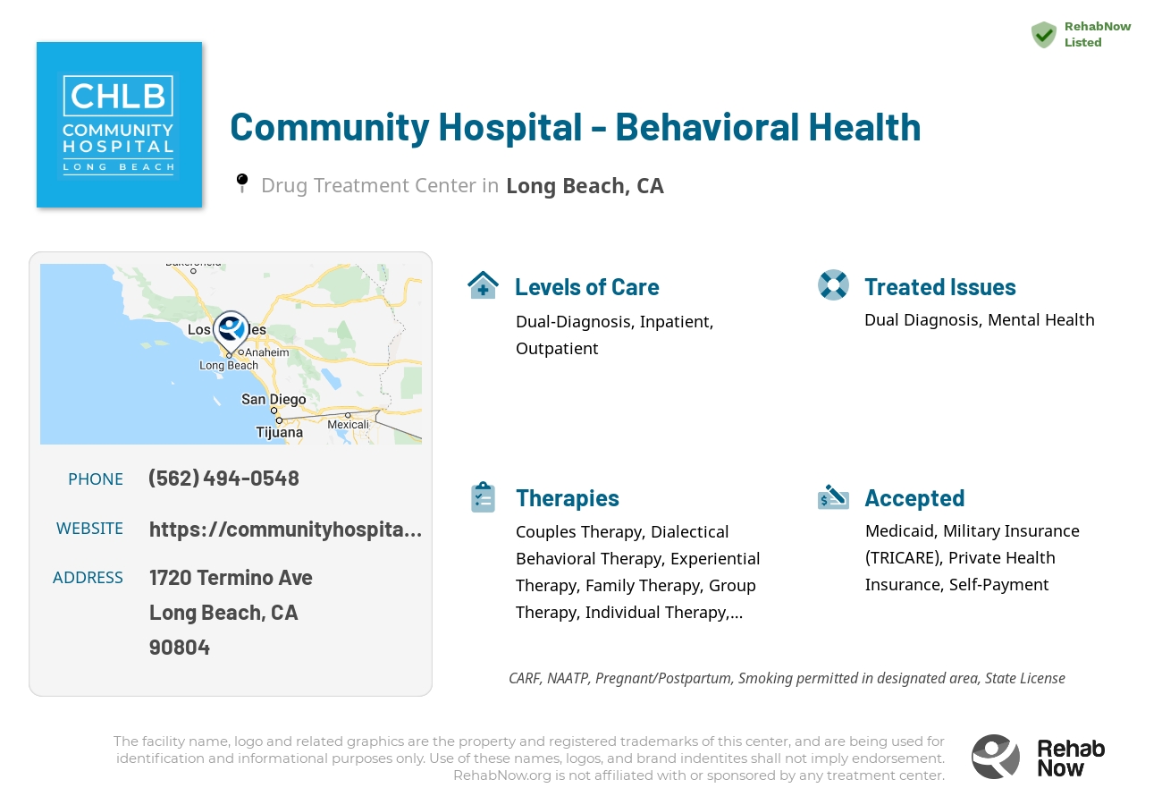 Helpful reference information for Community Hospital - Behavioral Health, a drug treatment center in California located at: 1720 Termino Ave, Long Beach, CA 90804, including phone numbers, official website, and more. Listed briefly is an overview of Levels of Care, Therapies Offered, Issues Treated, and accepted forms of Payment Methods.