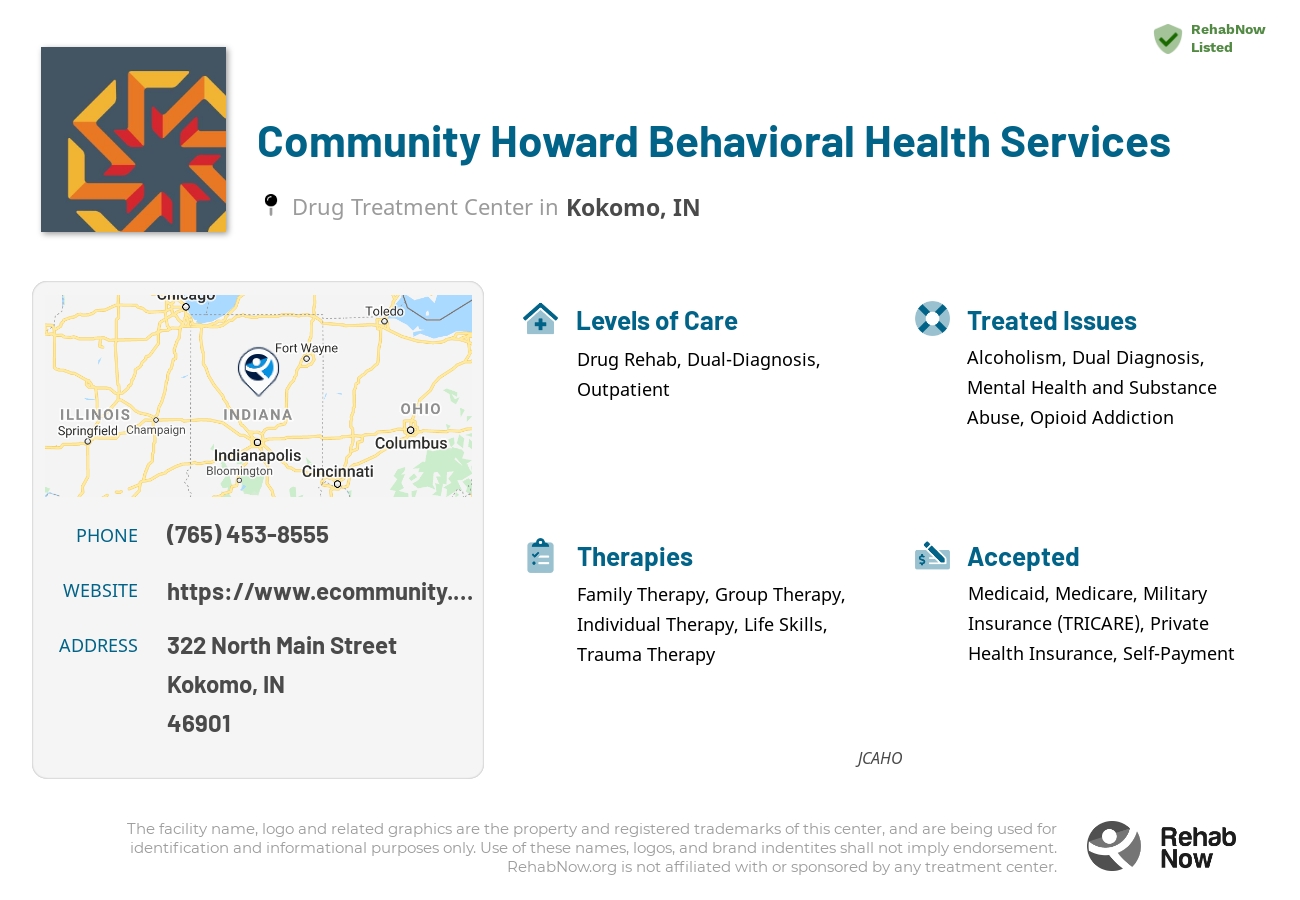 Helpful reference information for Community Howard Behavioral Health Services, a drug treatment center in Indiana located at: 322 North Main Street, Kokomo, IN, 46901, including phone numbers, official website, and more. Listed briefly is an overview of Levels of Care, Therapies Offered, Issues Treated, and accepted forms of Payment Methods.