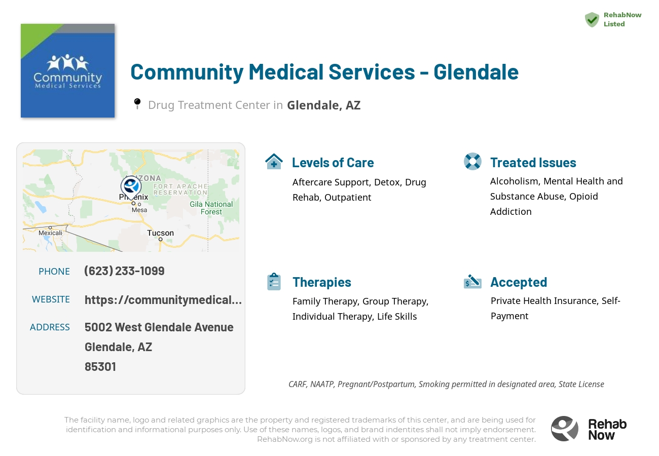 Helpful reference information for Community Medical Services - Glendale, a drug treatment center in Arizona located at: 5002 West Glendale Avenue, Glendale, AZ, 85301, including phone numbers, official website, and more. Listed briefly is an overview of Levels of Care, Therapies Offered, Issues Treated, and accepted forms of Payment Methods.