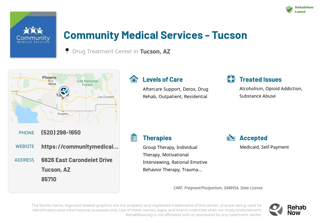 Helpful reference information for Community Medical Services - Tucson, a drug treatment center in Arizona located at: 6626 East Carondelet Drive, Tucson, AZ, 85710, including phone numbers, official website, and more. Listed briefly is an overview of Levels of Care, Therapies Offered, Issues Treated, and accepted forms of Payment Methods.