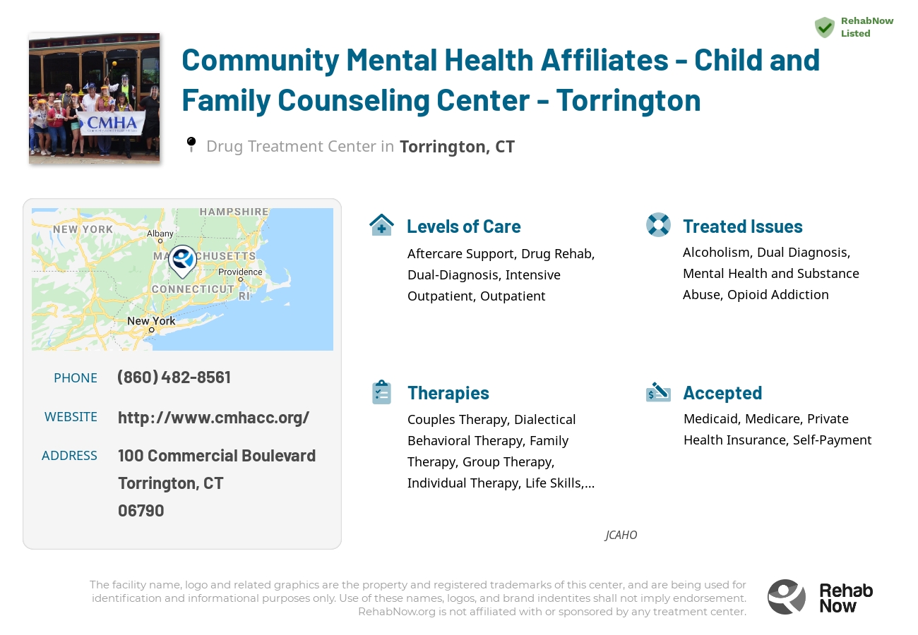 Helpful reference information for Community Mental Health Affiliates - Child and Family Counseling Center - Torrington, a drug treatment center in Connecticut located at: 100 Commercial Boulevard, Torrington, CT, 06790, including phone numbers, official website, and more. Listed briefly is an overview of Levels of Care, Therapies Offered, Issues Treated, and accepted forms of Payment Methods.