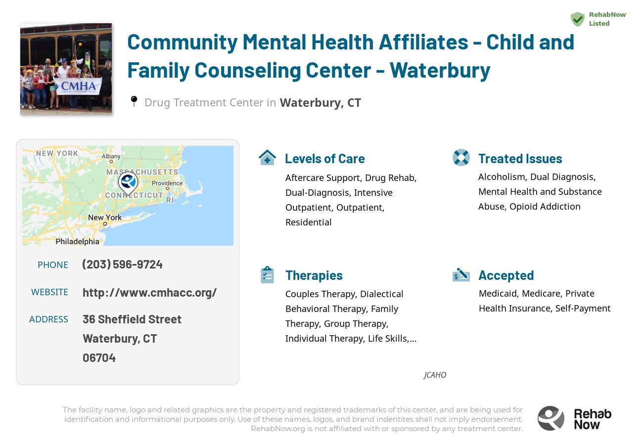 Helpful reference information for Community Mental Health Affiliates - Child and Family Counseling Center - Waterbury, a drug treatment center in Connecticut located at: 36 Sheffield Street, Waterbury, CT, 06704, including phone numbers, official website, and more. Listed briefly is an overview of Levels of Care, Therapies Offered, Issues Treated, and accepted forms of Payment Methods.