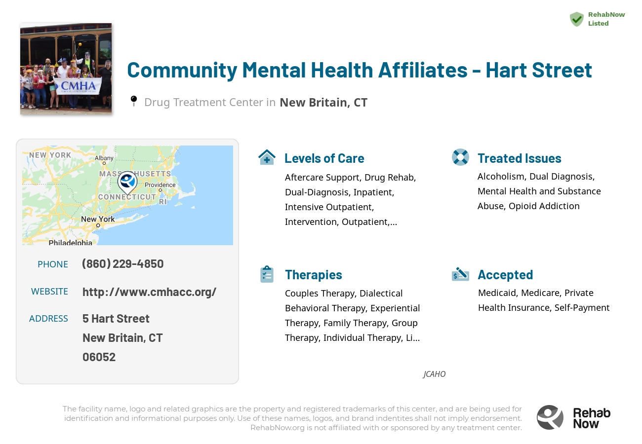 Helpful reference information for Community Mental Health Affiliates - Hart Street, a drug treatment center in Connecticut located at: 5 Hart Street, New Britain, CT, 06052, including phone numbers, official website, and more. Listed briefly is an overview of Levels of Care, Therapies Offered, Issues Treated, and accepted forms of Payment Methods.