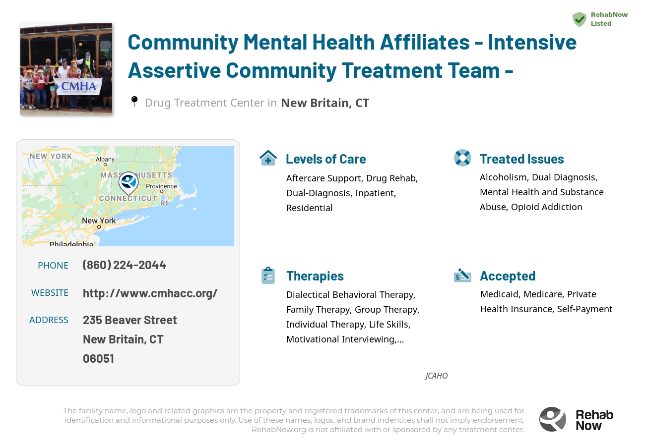 Helpful reference information for Community Mental Health Affiliates - Intensive Assertive Community Treatment Team -, a drug treatment center in Connecticut located at: 235 Beaver Street, New Britain, CT, 06051, including phone numbers, official website, and more. Listed briefly is an overview of Levels of Care, Therapies Offered, Issues Treated, and accepted forms of Payment Methods.