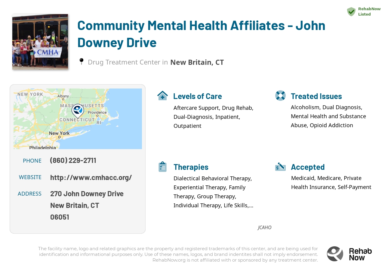 Helpful reference information for Community Mental Health Affiliates - John Downey Drive, a drug treatment center in Connecticut located at: 270 John Downey Drive, New Britain, CT, 06051, including phone numbers, official website, and more. Listed briefly is an overview of Levels of Care, Therapies Offered, Issues Treated, and accepted forms of Payment Methods.