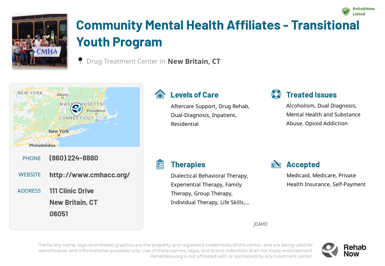 Helpful reference information for Community Mental Health Affiliates - Transitional Youth Program, a drug treatment center in Connecticut located at: 111 Clinic Drive, New Britain, CT, 06051, including phone numbers, official website, and more. Listed briefly is an overview of Levels of Care, Therapies Offered, Issues Treated, and accepted forms of Payment Methods.