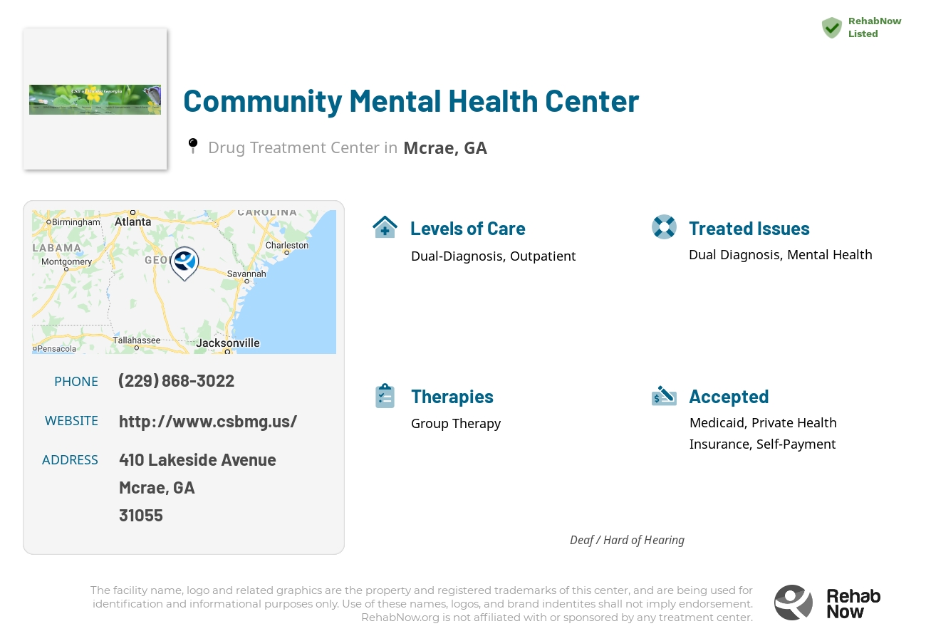 Helpful reference information for Community Mental Health Center, a drug treatment center in Georgia located at: 410 Lakeside Avenue, Mcrae, GA 31055, including phone numbers, official website, and more. Listed briefly is an overview of Levels of Care, Therapies Offered, Issues Treated, and accepted forms of Payment Methods.