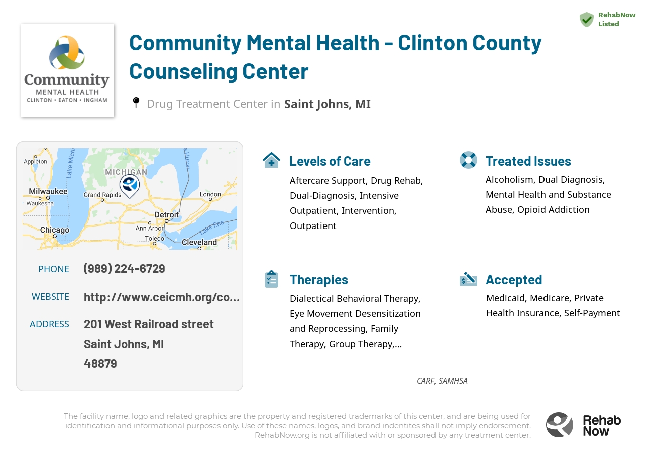 Helpful reference information for Community Mental Health - Clinton County Counseling Center, a drug treatment center in Michigan located at: 201 West Railroad street, Saint Johns, MI, 48879, including phone numbers, official website, and more. Listed briefly is an overview of Levels of Care, Therapies Offered, Issues Treated, and accepted forms of Payment Methods.