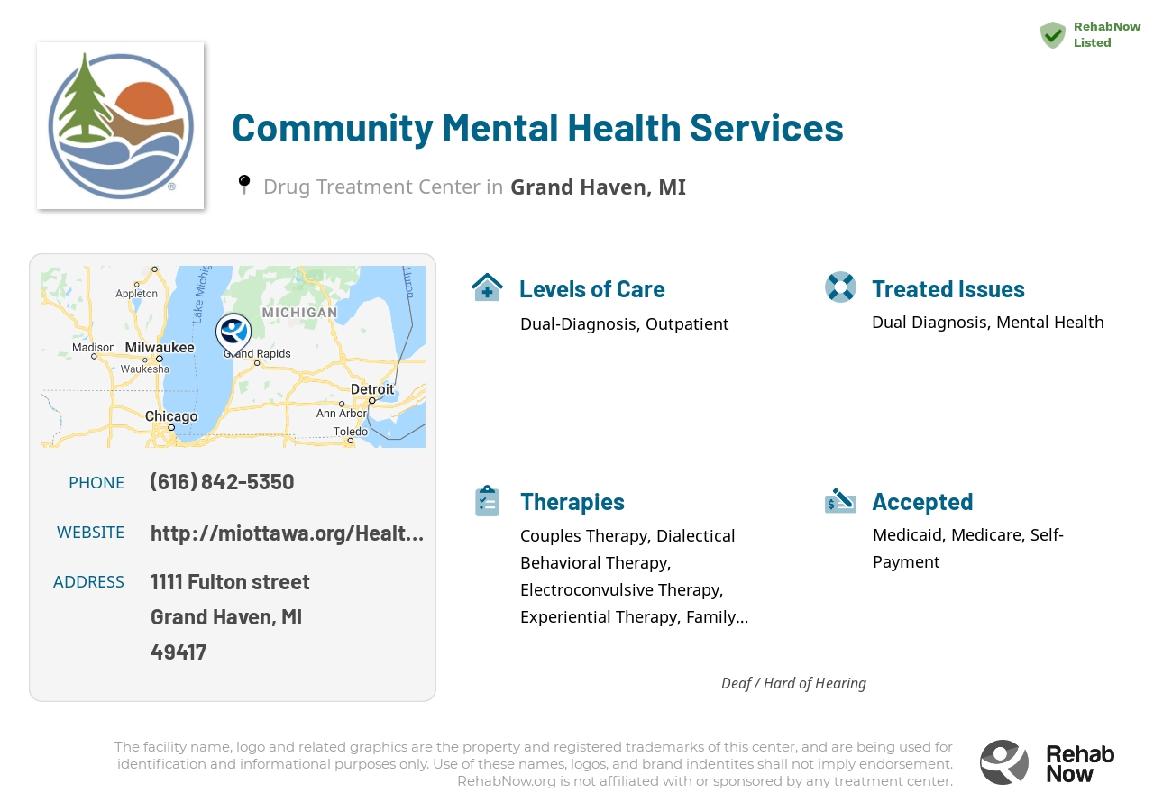 Helpful reference information for Community Mental Health Services, a drug treatment center in Michigan located at: 1111 1111 Fulton street, Grand Haven, MI 49417, including phone numbers, official website, and more. Listed briefly is an overview of Levels of Care, Therapies Offered, Issues Treated, and accepted forms of Payment Methods.
