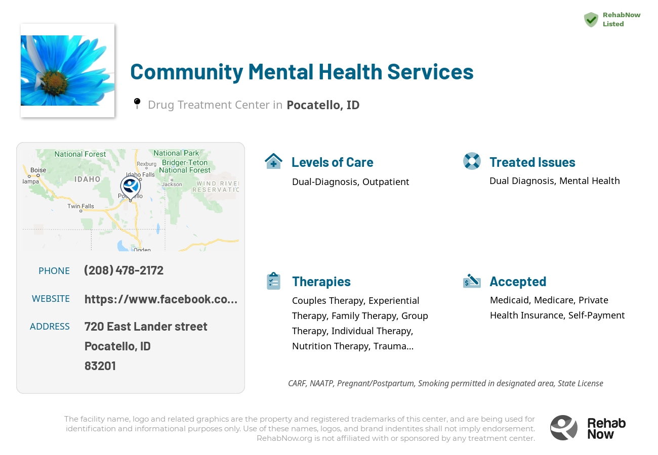 Helpful reference information for Community Mental Health Services, a drug treatment center in Idaho located at: 720 720 East Lander street, Pocatello, ID 83201, including phone numbers, official website, and more. Listed briefly is an overview of Levels of Care, Therapies Offered, Issues Treated, and accepted forms of Payment Methods.