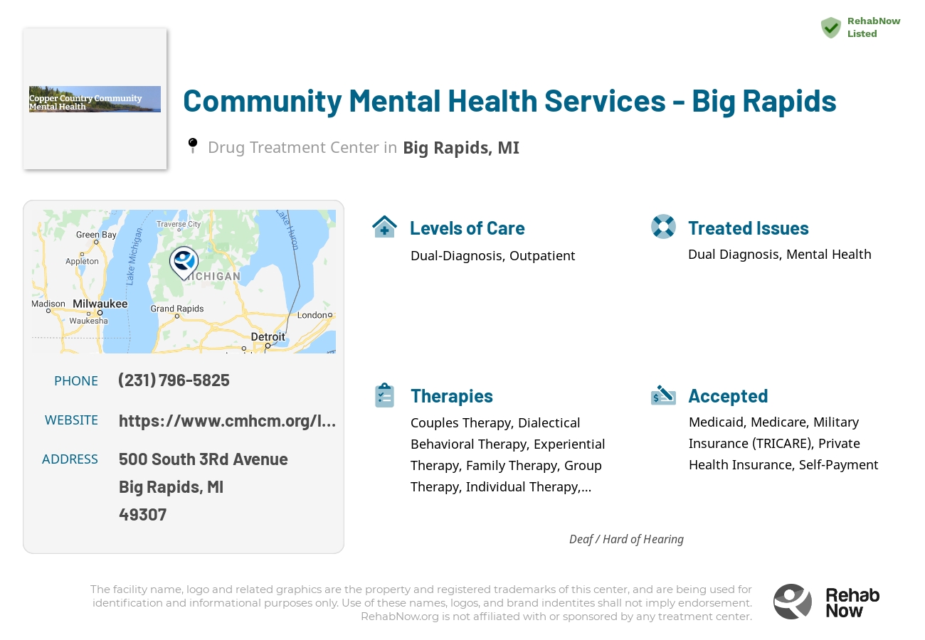 Helpful reference information for Community Mental Health Services - Big Rapids, a drug treatment center in Michigan located at: 500 500 South 3Rd Avenue, Big Rapids, MI 49307, including phone numbers, official website, and more. Listed briefly is an overview of Levels of Care, Therapies Offered, Issues Treated, and accepted forms of Payment Methods.