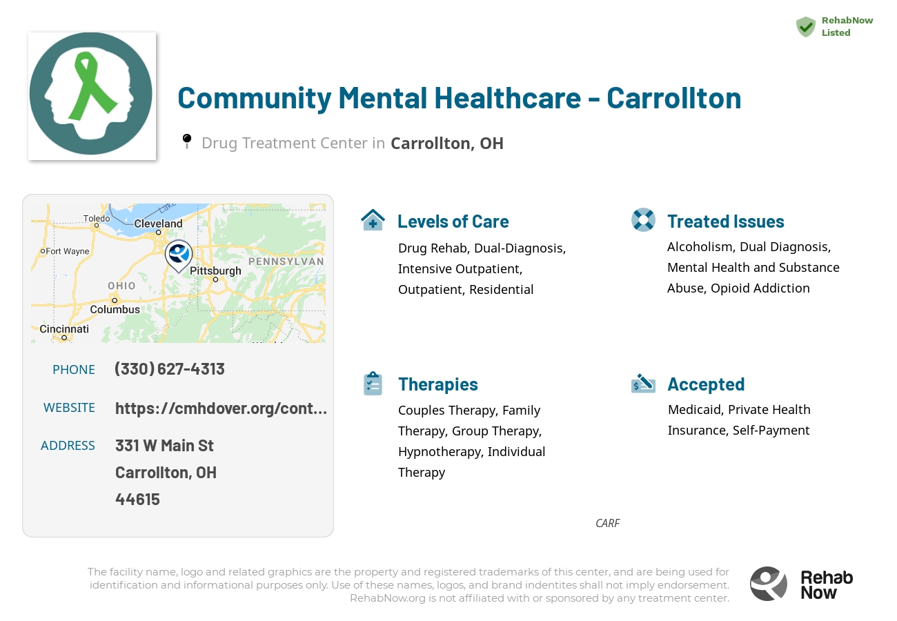 Helpful reference information for Community Mental Healthcare - Carrollton, a drug treatment center in Ohio located at: 331 W Main St, Carrollton, OH 44615, including phone numbers, official website, and more. Listed briefly is an overview of Levels of Care, Therapies Offered, Issues Treated, and accepted forms of Payment Methods.