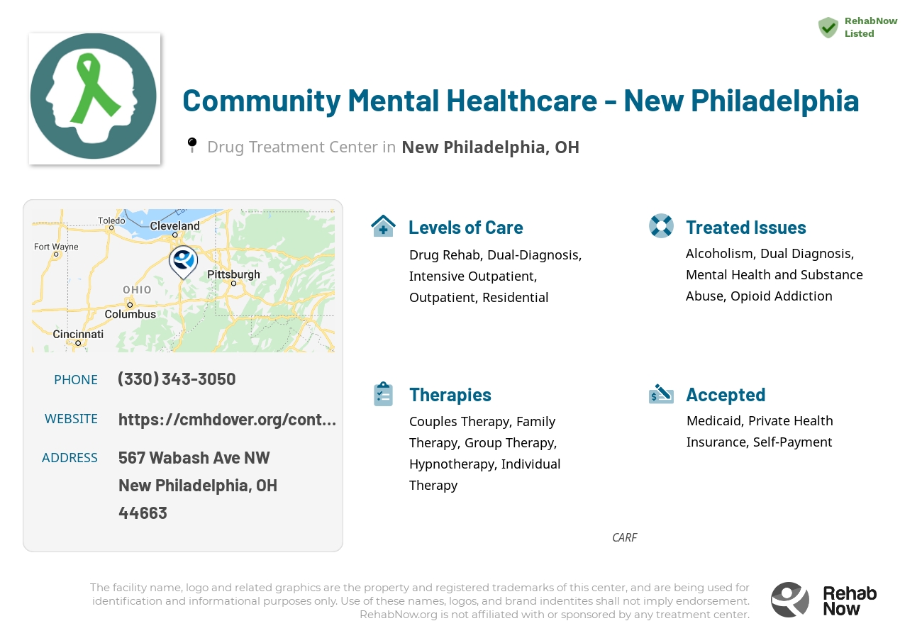 Helpful reference information for Community Mental Healthcare - New Philadelphia, a drug treatment center in Ohio located at: 567 Wabash Ave NW, New Philadelphia, OH 44663, including phone numbers, official website, and more. Listed briefly is an overview of Levels of Care, Therapies Offered, Issues Treated, and accepted forms of Payment Methods.