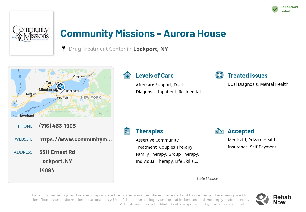 Helpful reference information for Community Missions - Aurora House, a drug treatment center in New York located at: 5311 Ernest Rd, Lockport, NY 14094, including phone numbers, official website, and more. Listed briefly is an overview of Levels of Care, Therapies Offered, Issues Treated, and accepted forms of Payment Methods.