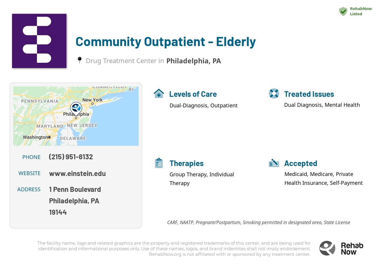 Helpful reference information for Community Outpatient - Elderly, a drug treatment center in Pennsylvania located at: 1 Penn Boulevard, Philadelphia, PA, 19144, including phone numbers, official website, and more. Listed briefly is an overview of Levels of Care, Therapies Offered, Issues Treated, and accepted forms of Payment Methods.
