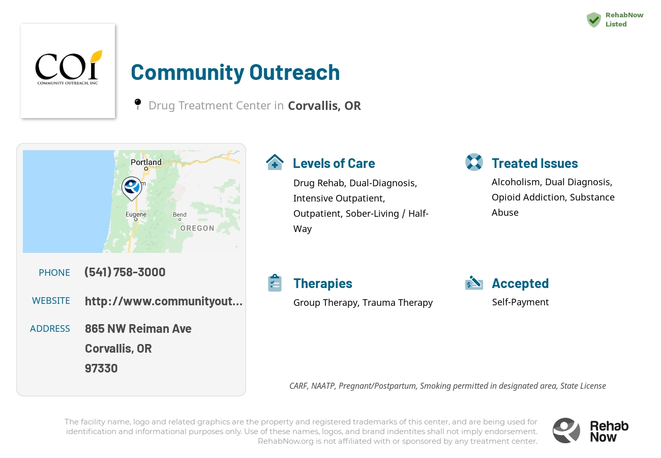 Helpful reference information for Community Outreach, a drug treatment center in Oregon located at: 865 NW Reiman Ave, Corvallis, OR 97330, including phone numbers, official website, and more. Listed briefly is an overview of Levels of Care, Therapies Offered, Issues Treated, and accepted forms of Payment Methods.
