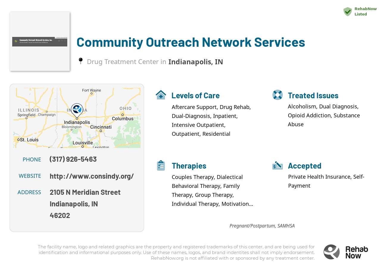 Helpful reference information for Community Outreach Network Services, a drug treatment center in Indiana located at: 2105 N Meridian Street, Indianapolis, IN, 46202, including phone numbers, official website, and more. Listed briefly is an overview of Levels of Care, Therapies Offered, Issues Treated, and accepted forms of Payment Methods.