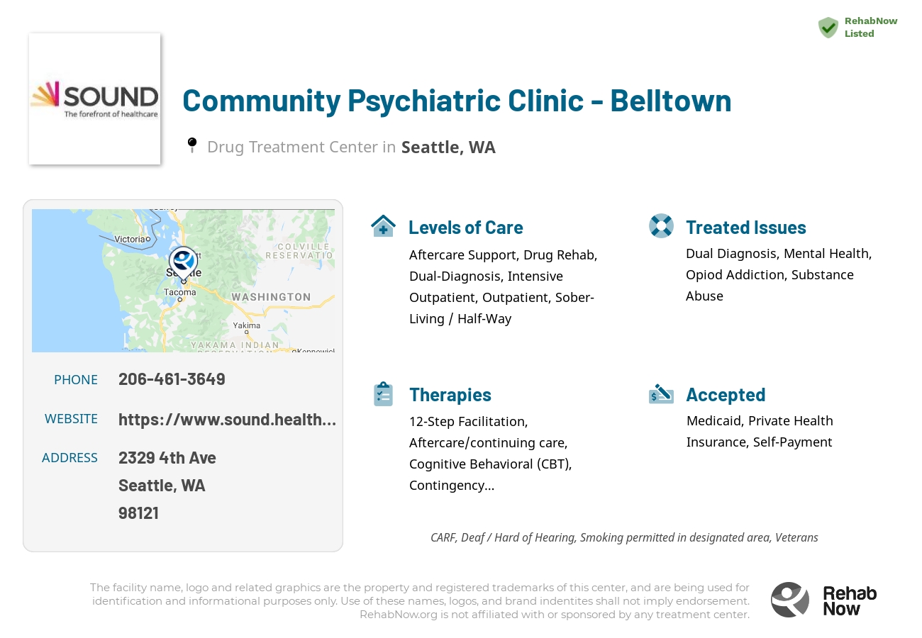 Helpful reference information for Community Psychiatric Clinic - Belltown, a drug treatment center in Washington located at: 2329 4th Ave, Seattle, WA 98121, including phone numbers, official website, and more. Listed briefly is an overview of Levels of Care, Therapies Offered, Issues Treated, and accepted forms of Payment Methods.