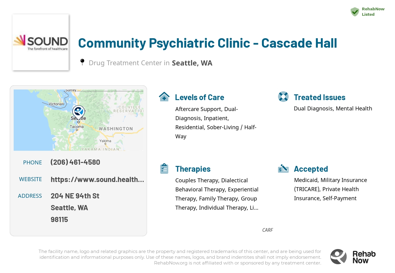 Helpful reference information for Community Psychiatric Clinic - Cascade Hall, a drug treatment center in Washington located at: 204 NE 94th St, Seattle, WA 98115, including phone numbers, official website, and more. Listed briefly is an overview of Levels of Care, Therapies Offered, Issues Treated, and accepted forms of Payment Methods.