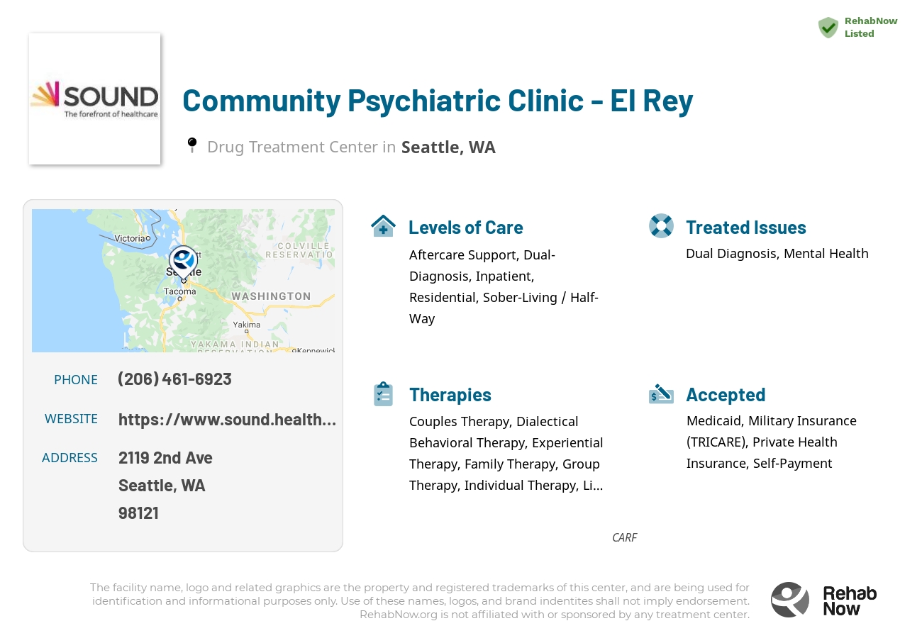 Helpful reference information for Community Psychiatric Clinic - El Rey, a drug treatment center in Washington located at: 2119 2nd Ave, Seattle, WA 98121, including phone numbers, official website, and more. Listed briefly is an overview of Levels of Care, Therapies Offered, Issues Treated, and accepted forms of Payment Methods.