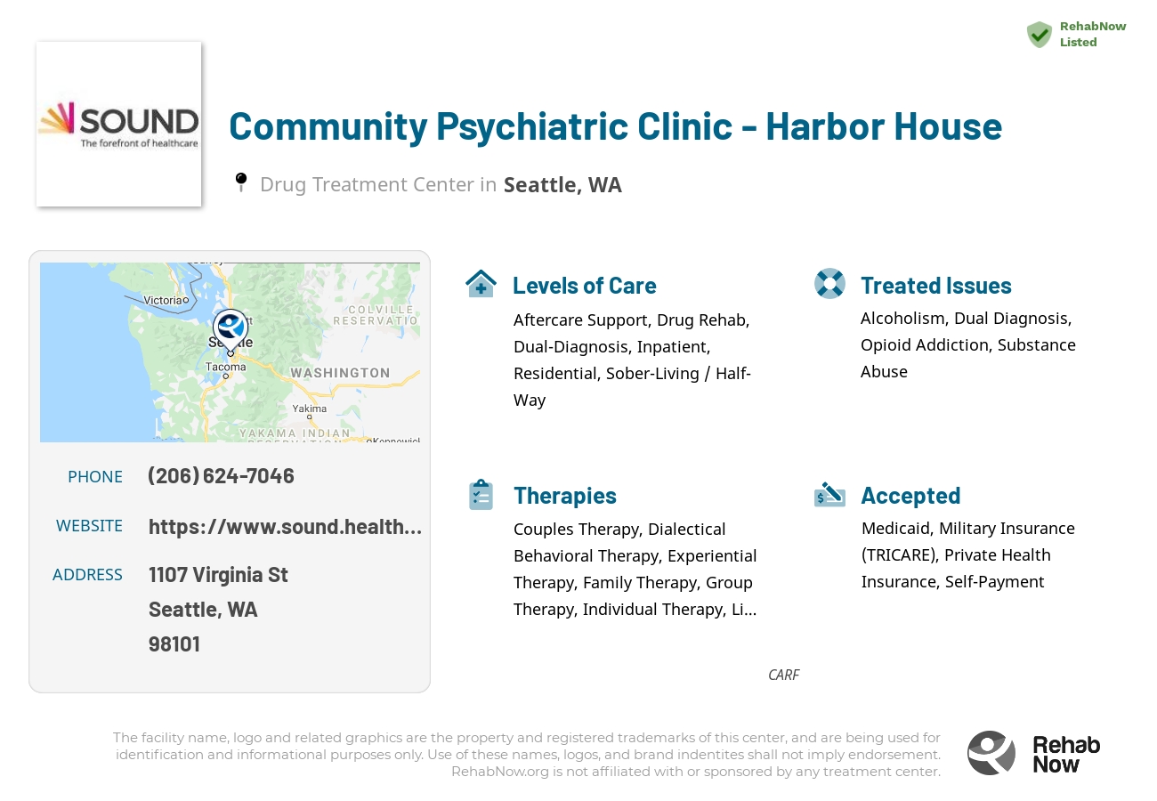 Helpful reference information for Community Psychiatric Clinic - Harbor House, a drug treatment center in Washington located at: 1107 Virginia St, Seattle, WA 98101, including phone numbers, official website, and more. Listed briefly is an overview of Levels of Care, Therapies Offered, Issues Treated, and accepted forms of Payment Methods.