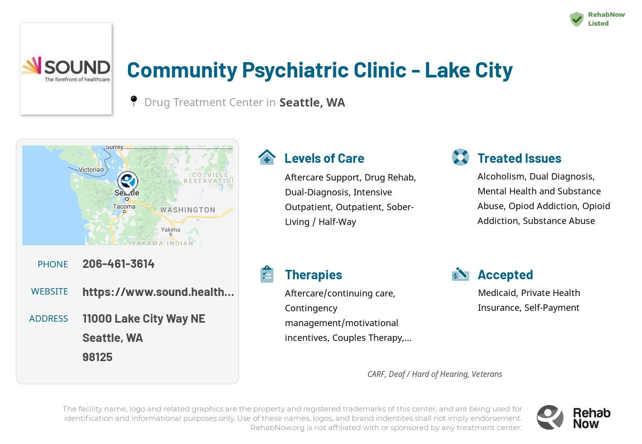 Helpful reference information for Community Psychiatric Clinic - Lake City, a drug treatment center in Washington located at: 11000 Lake City Way NE, Seattle, WA 98125, including phone numbers, official website, and more. Listed briefly is an overview of Levels of Care, Therapies Offered, Issues Treated, and accepted forms of Payment Methods.