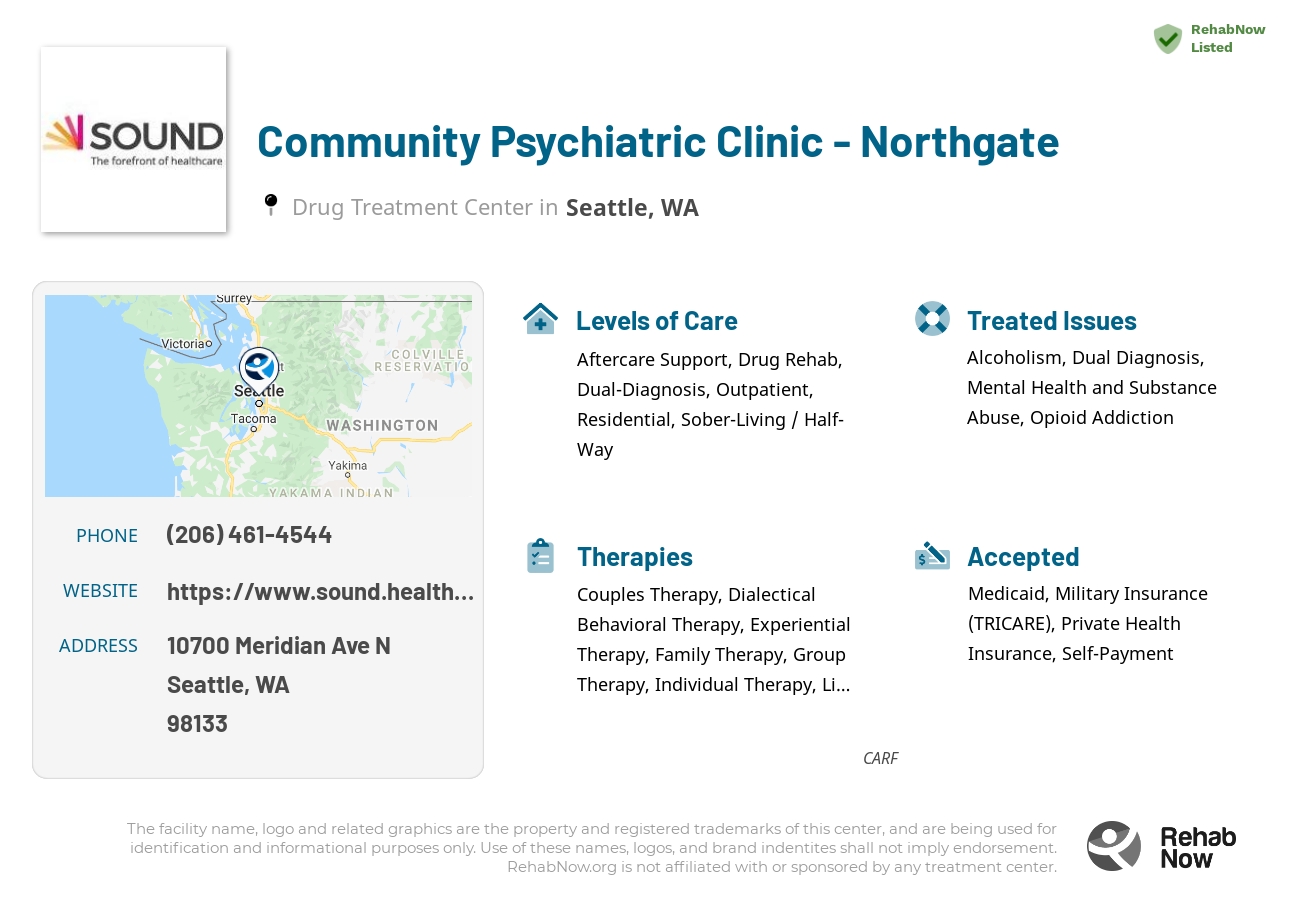 Helpful reference information for Community Psychiatric Clinic - Northgate, a drug treatment center in Washington located at: 10700 Meridian Ave N, Seattle, WA 98133, including phone numbers, official website, and more. Listed briefly is an overview of Levels of Care, Therapies Offered, Issues Treated, and accepted forms of Payment Methods.