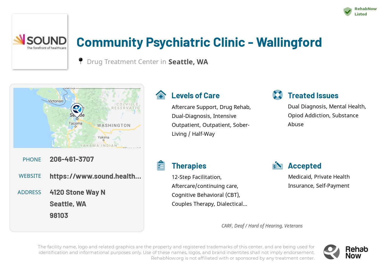 Helpful reference information for Community Psychiatric Clinic - Wallingford, a drug treatment center in Washington located at: 4120 Stone Way N, Seattle, WA 98103, including phone numbers, official website, and more. Listed briefly is an overview of Levels of Care, Therapies Offered, Issues Treated, and accepted forms of Payment Methods.