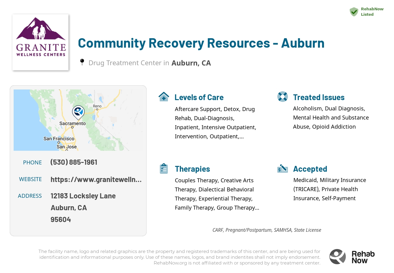 Helpful reference information for Community Recovery Resources - Auburn, a drug treatment center in California located at: 12183 Locksley Lane, Auburn, CA, 95604, including phone numbers, official website, and more. Listed briefly is an overview of Levels of Care, Therapies Offered, Issues Treated, and accepted forms of Payment Methods.