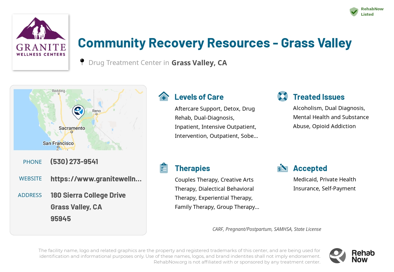 Helpful reference information for Community Recovery Resources - Grass Valley, a drug treatment center in California located at: 180 Sierra College Drive, Grass Valley, CA, 95945, including phone numbers, official website, and more. Listed briefly is an overview of Levels of Care, Therapies Offered, Issues Treated, and accepted forms of Payment Methods.