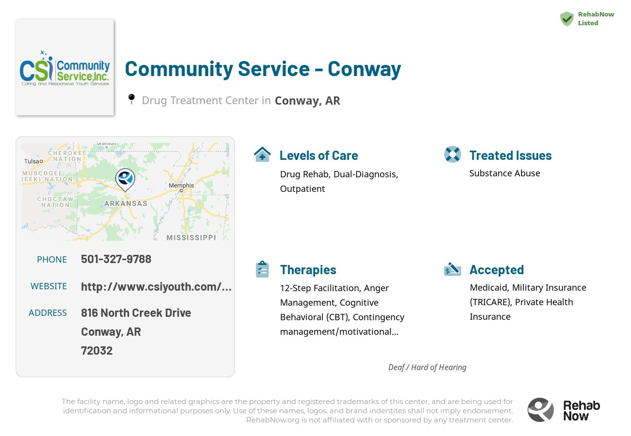 Helpful reference information for Community Service - Conway, a drug treatment center in Arkansas located at: 816 North Creek Drive, Conway, AR 72032, including phone numbers, official website, and more. Listed briefly is an overview of Levels of Care, Therapies Offered, Issues Treated, and accepted forms of Payment Methods.