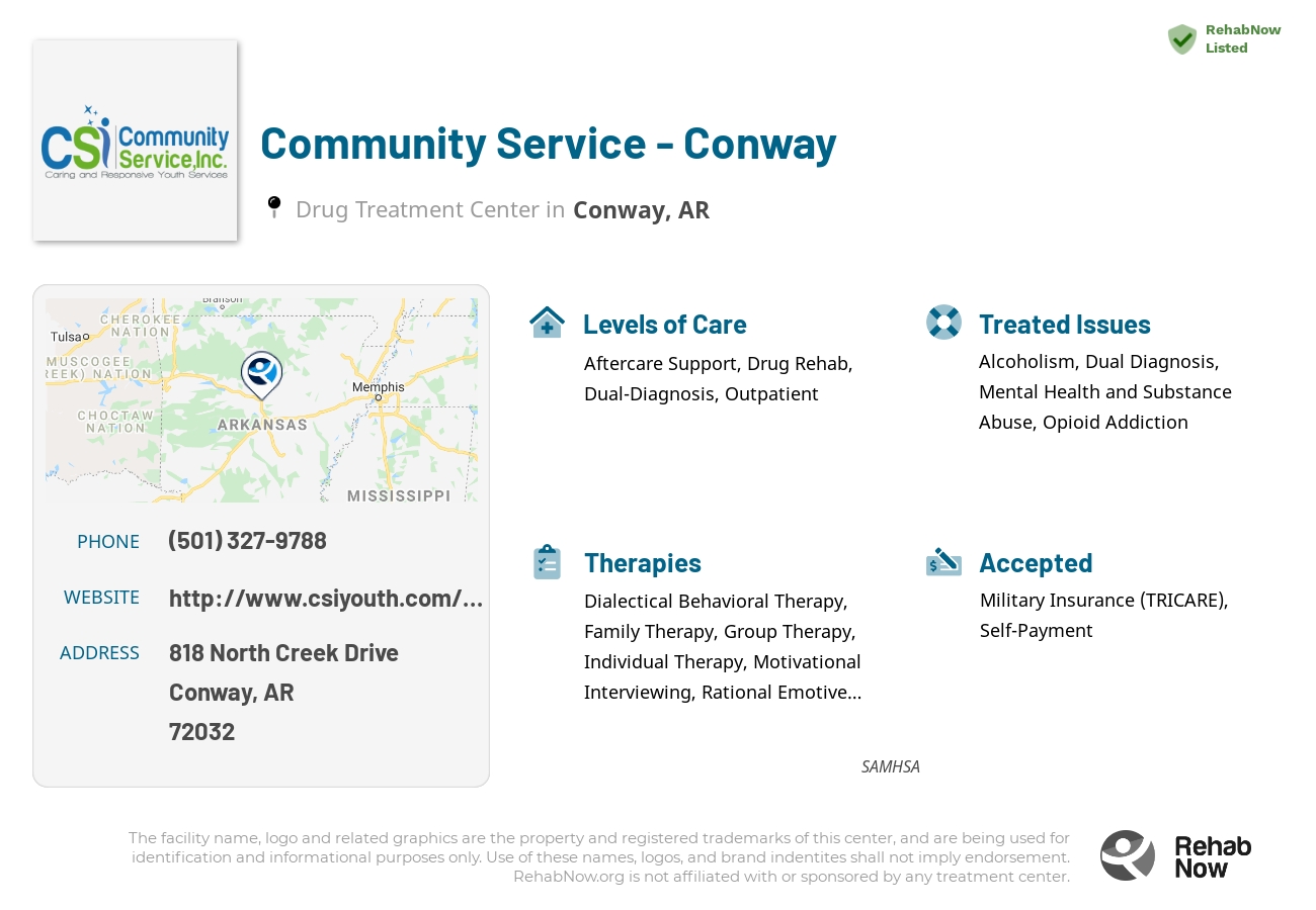 Helpful reference information for Community Service - Conway, a drug treatment center in Arkansas located at: 818 North Creek Drive, Conway, AR, 72032, including phone numbers, official website, and more. Listed briefly is an overview of Levels of Care, Therapies Offered, Issues Treated, and accepted forms of Payment Methods.
