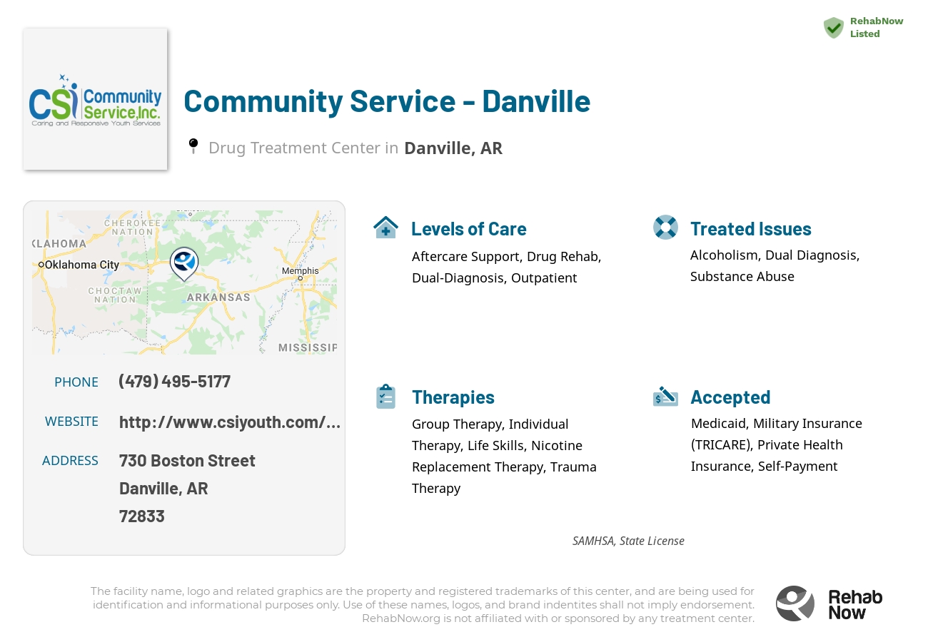 Helpful reference information for Community Service - Danville, a drug treatment center in Arkansas located at: 730 Boston Street, Danville, AR, 72833, including phone numbers, official website, and more. Listed briefly is an overview of Levels of Care, Therapies Offered, Issues Treated, and accepted forms of Payment Methods.