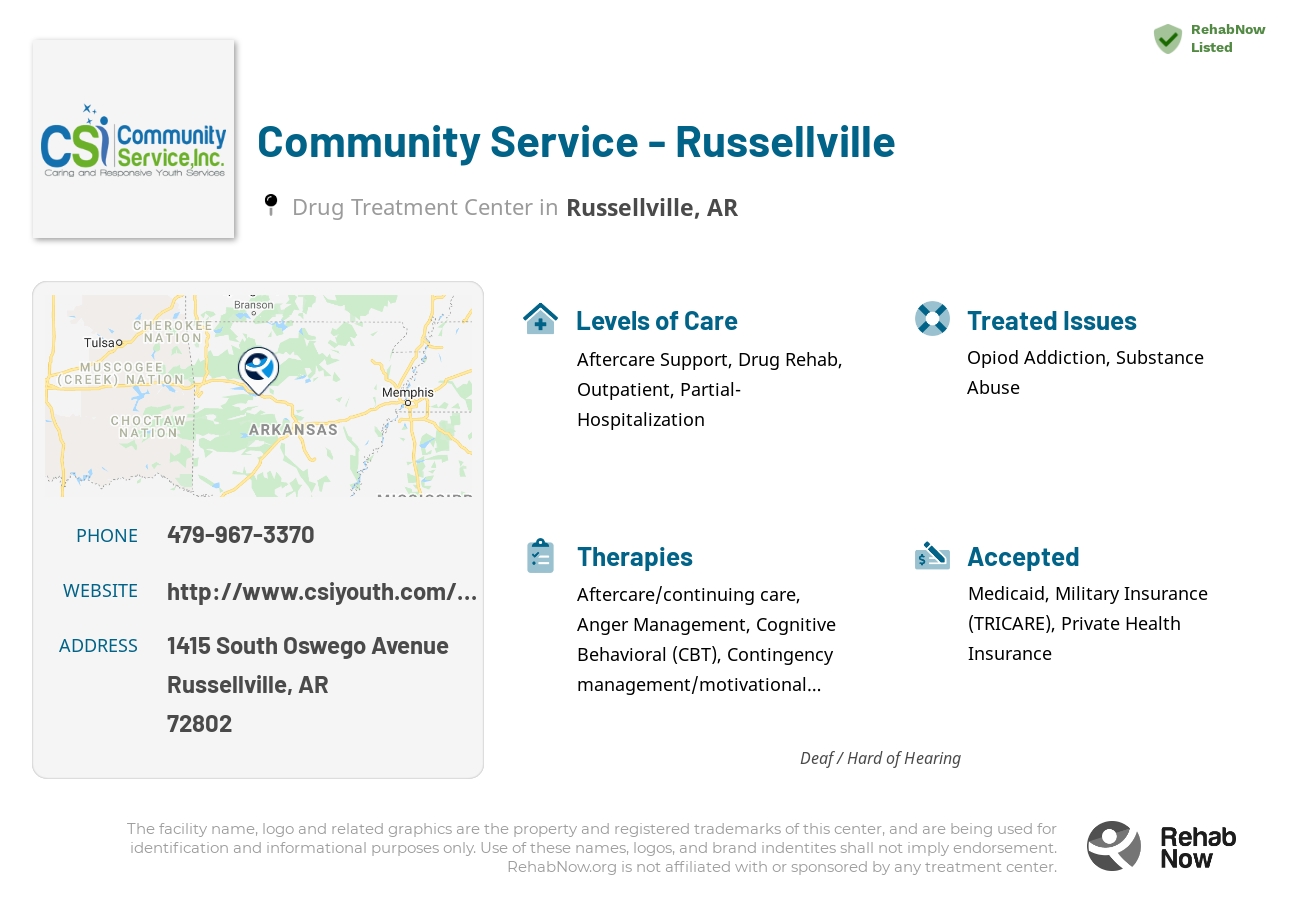 Helpful reference information for Community Service - Russellville, a drug treatment center in Arkansas located at: 1415 South Oswego Avenue, Russellville, AR 72802, including phone numbers, official website, and more. Listed briefly is an overview of Levels of Care, Therapies Offered, Issues Treated, and accepted forms of Payment Methods.