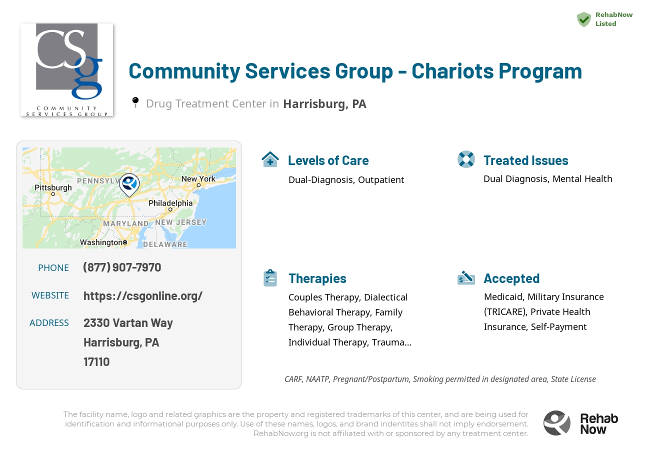 Helpful reference information for Community Services Group - Chariots Program, a drug treatment center in Pennsylvania located at: 2330 Vartan Way, Harrisburg, PA 17110, including phone numbers, official website, and more. Listed briefly is an overview of Levels of Care, Therapies Offered, Issues Treated, and accepted forms of Payment Methods.