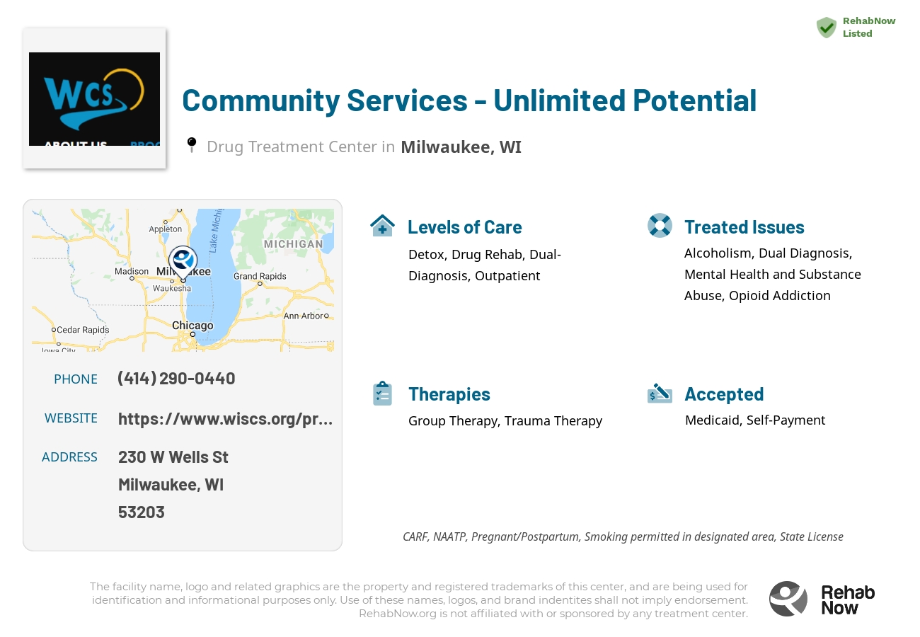 Helpful reference information for Community Services - Unlimited Potential, a drug treatment center in Wisconsin located at: 230 W Wells St, Milwaukee, WI 53203, including phone numbers, official website, and more. Listed briefly is an overview of Levels of Care, Therapies Offered, Issues Treated, and accepted forms of Payment Methods.