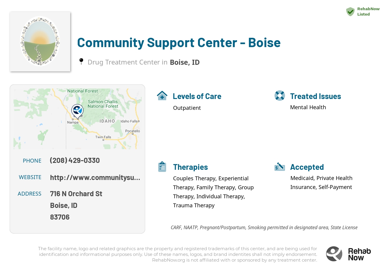 Helpful reference information for Community Support Center - Boise, a drug treatment center in Idaho located at: 716 N Orchard St, Boise, ID 83706, including phone numbers, official website, and more. Listed briefly is an overview of Levels of Care, Therapies Offered, Issues Treated, and accepted forms of Payment Methods.